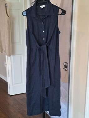 J Jill Navy 100%  Linen Midi Dress Button Up Open Sz S A-line